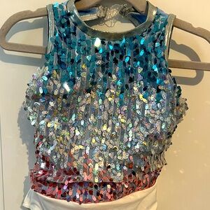 Costume gallery leotard with sequins. Comes with fringe shirt and tutu